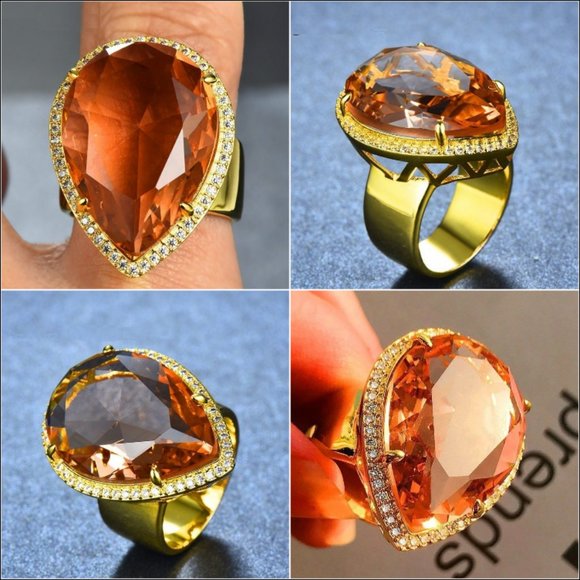 32mm Pear Cut Orange Champagne Water Drop Gold Ring - Picture 10 of 10